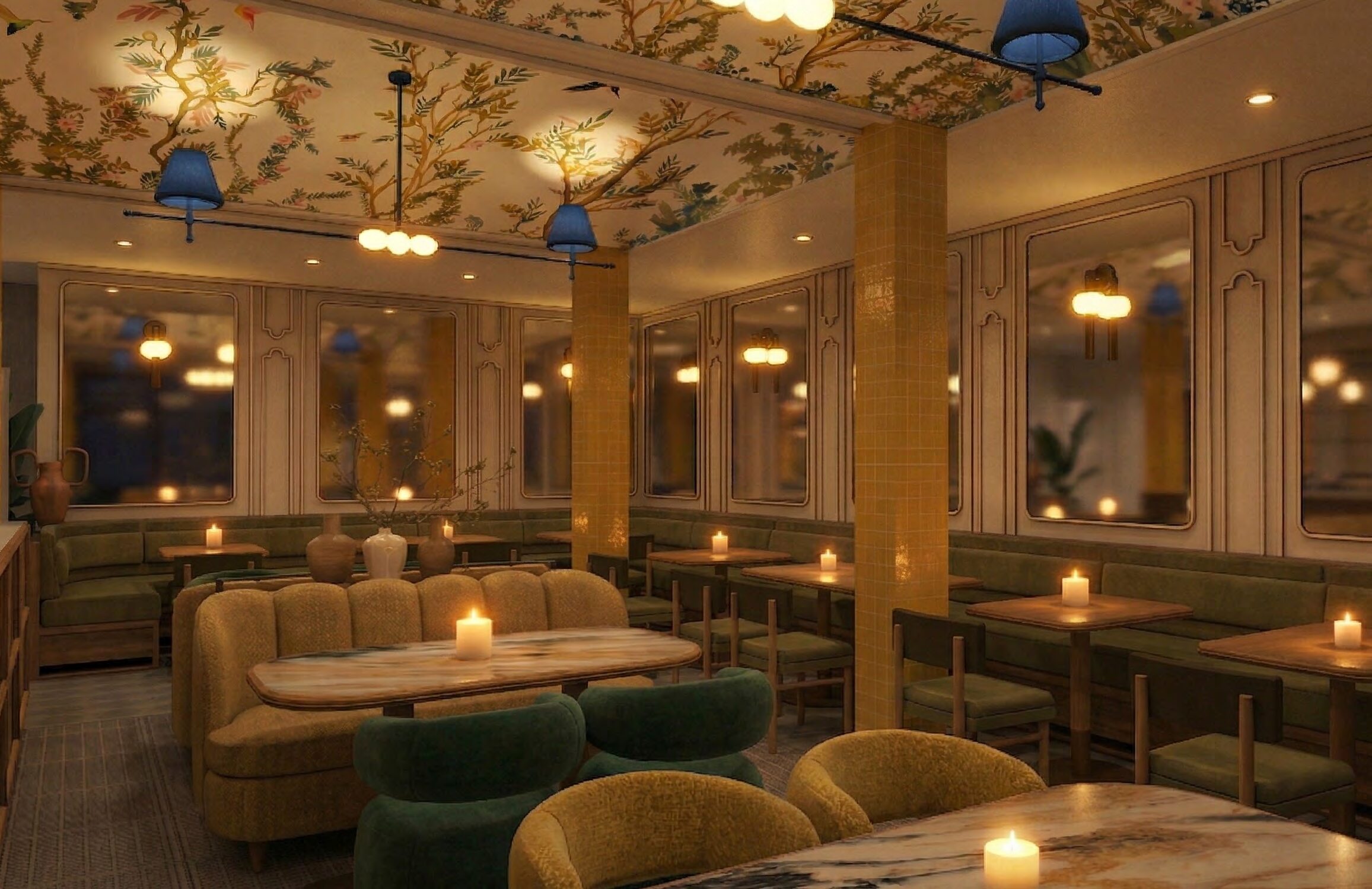 Booths beneath the painted botanical ceiling and blue pendants