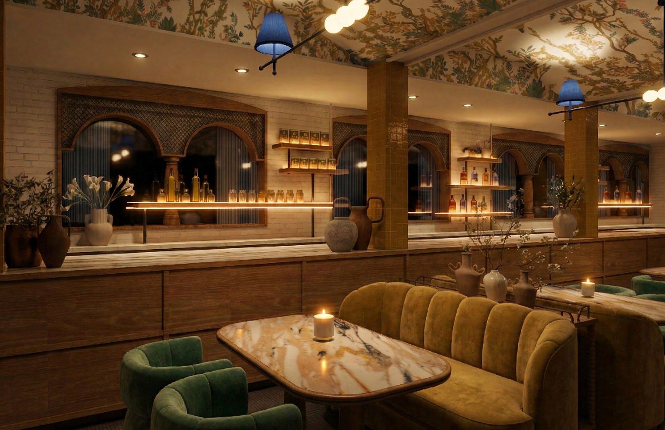 Dining room with linear pendants and green velvet banquettes