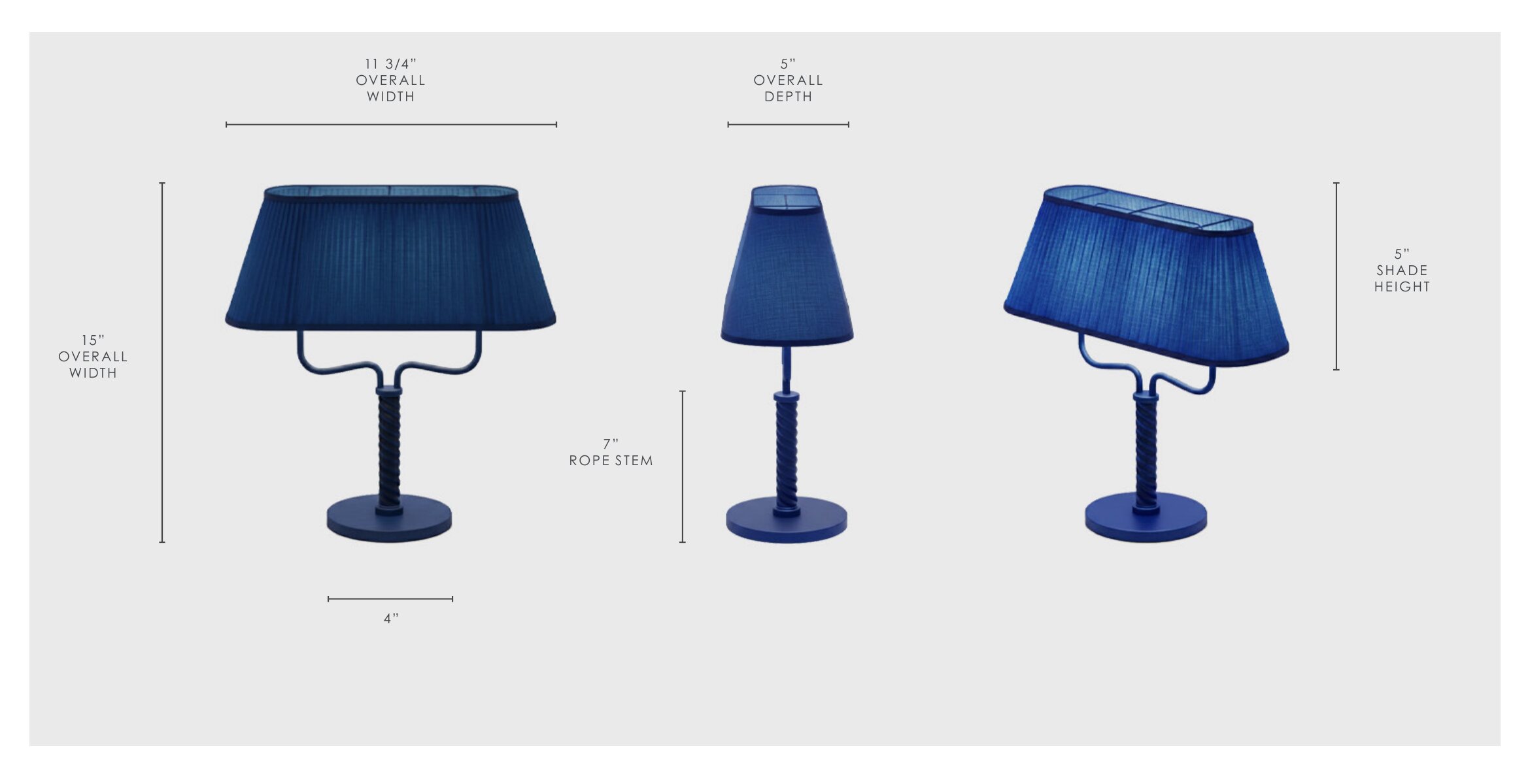 Drawing of the cobalt bar counter lamp, front, side and three-quarter views