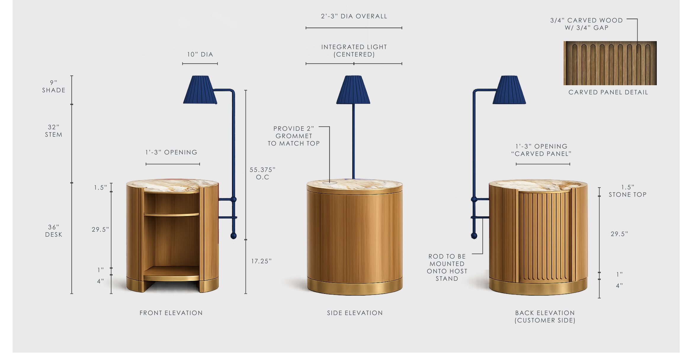 Drawing of the carved wood host stand with stone top and integrated lamp
