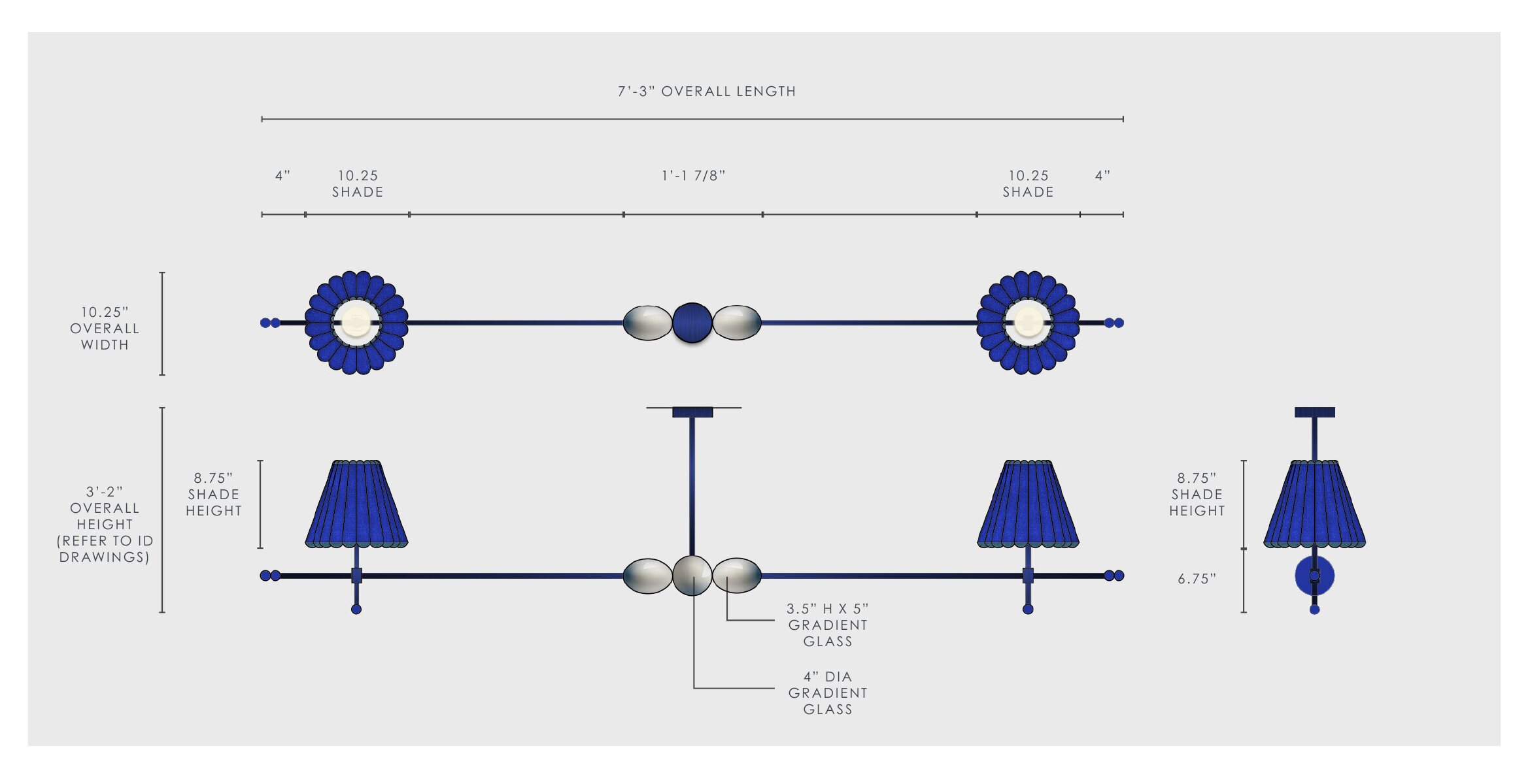 Drawing of the short linear pendant: twin cobalt pleated shades with gradient glass between