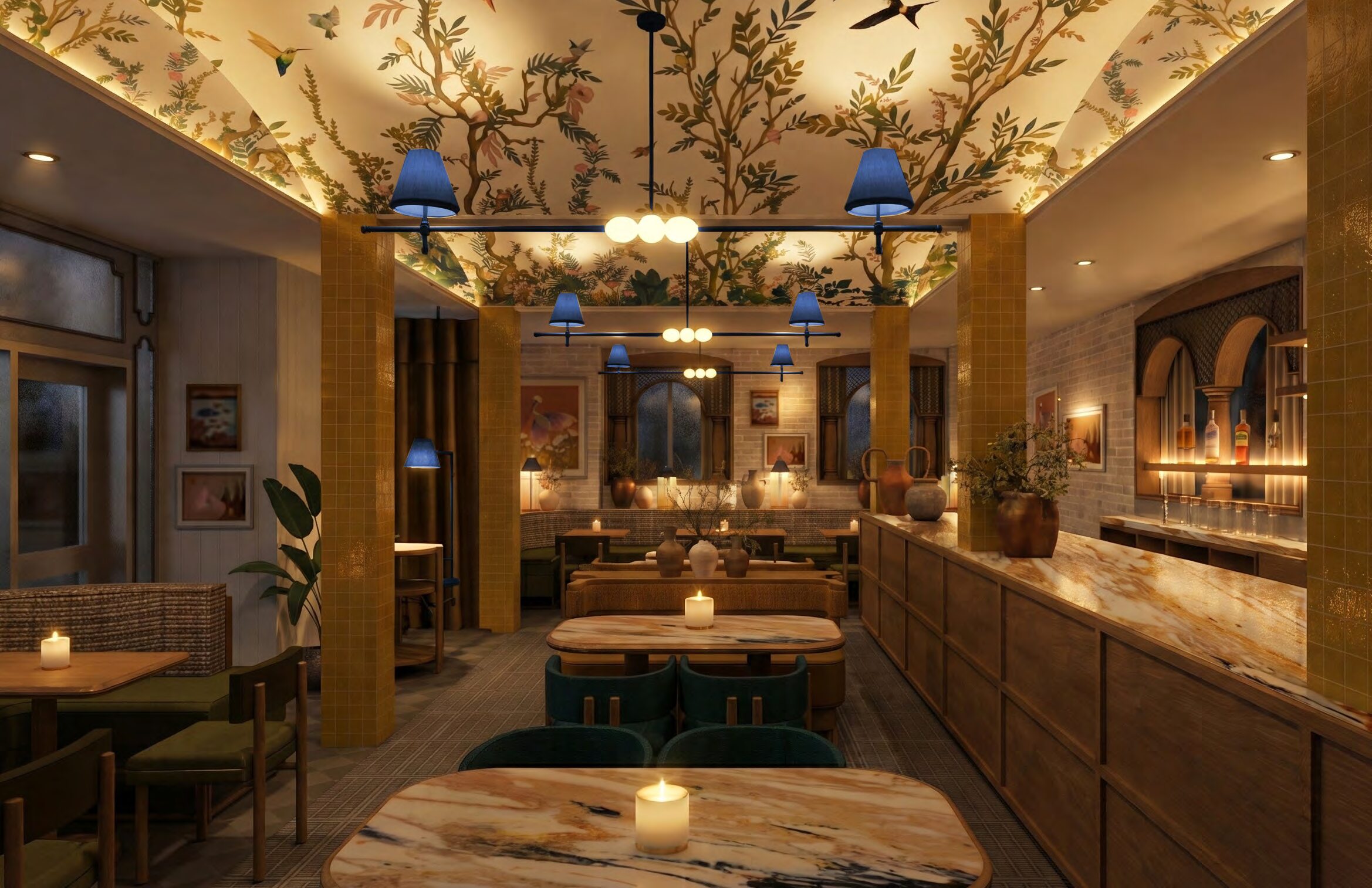 Byblos Downtown dining room with cobalt pleated pendants under a botanical ceiling