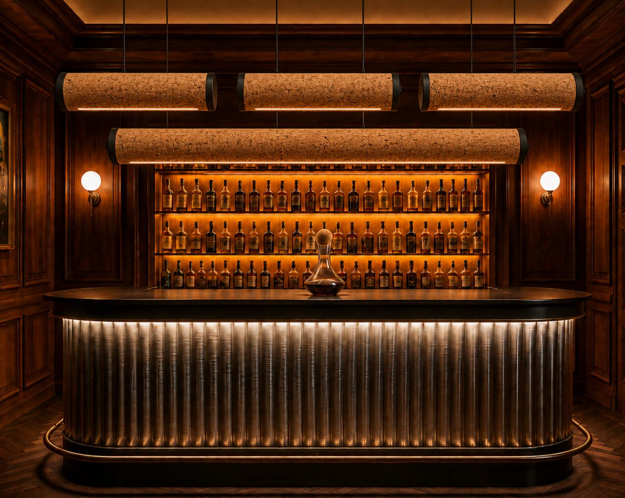 Solid cork cylinder pendants in two tiers over the bar