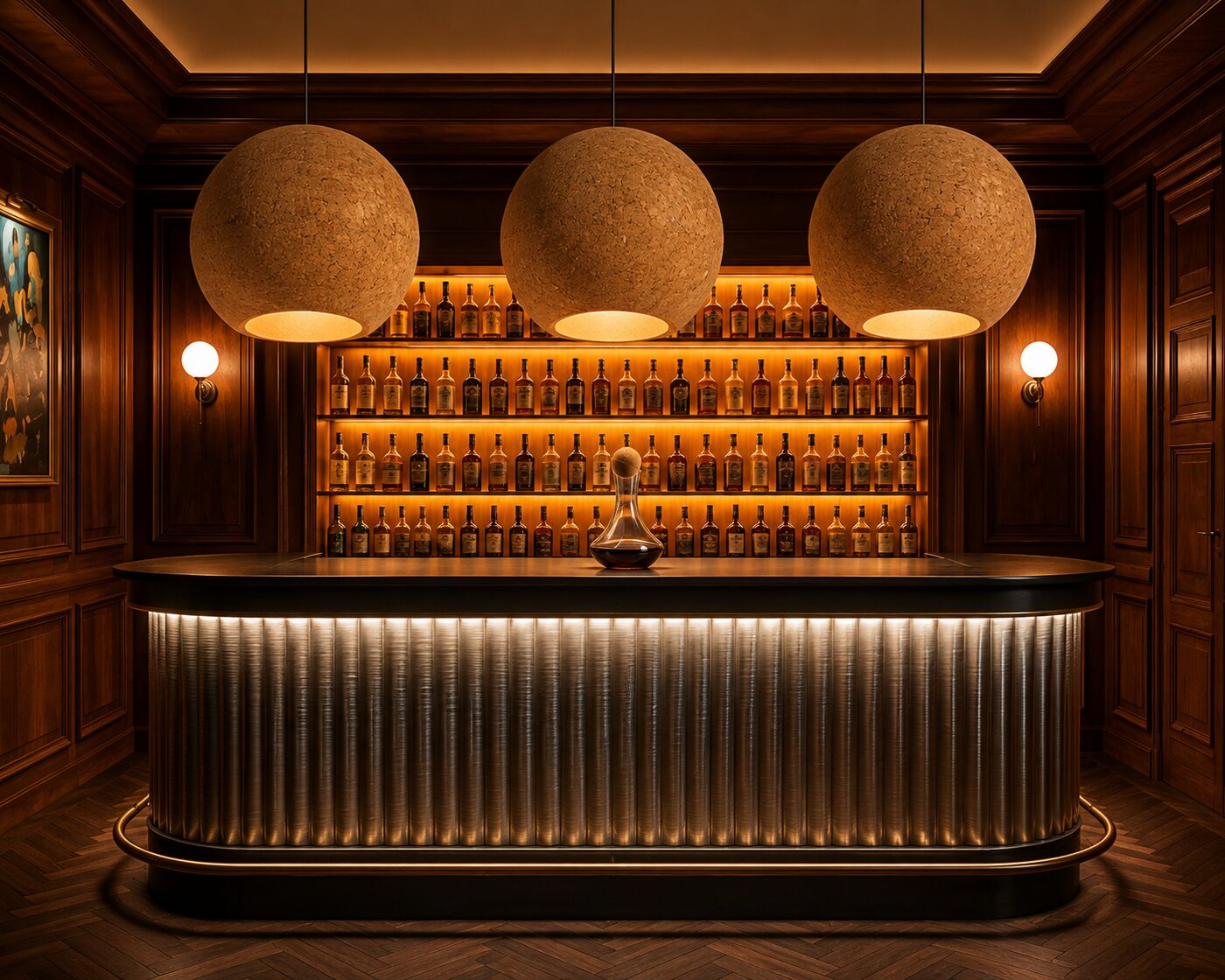 Three cork globe pendants over a fluted back-lit bar