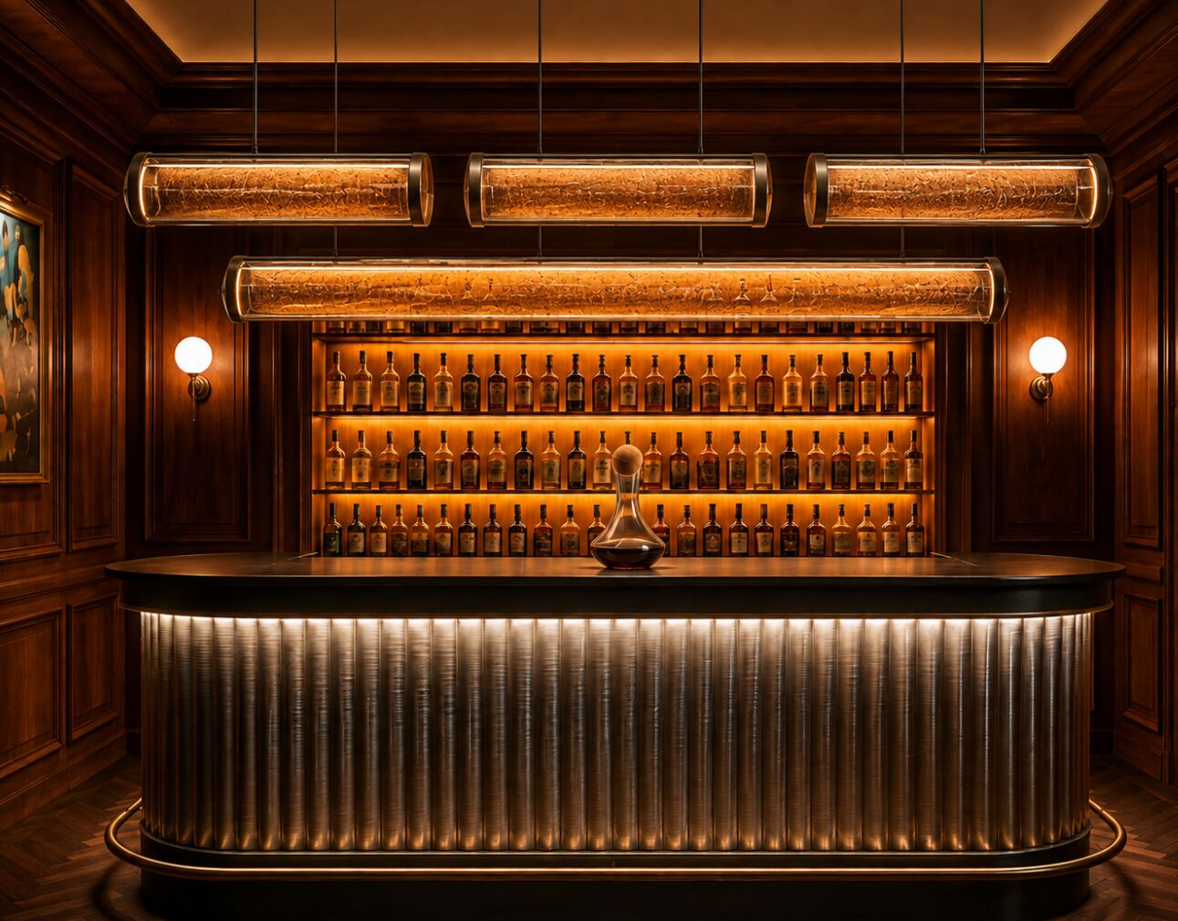 Linear cork pendants in glass sleeves over the bar