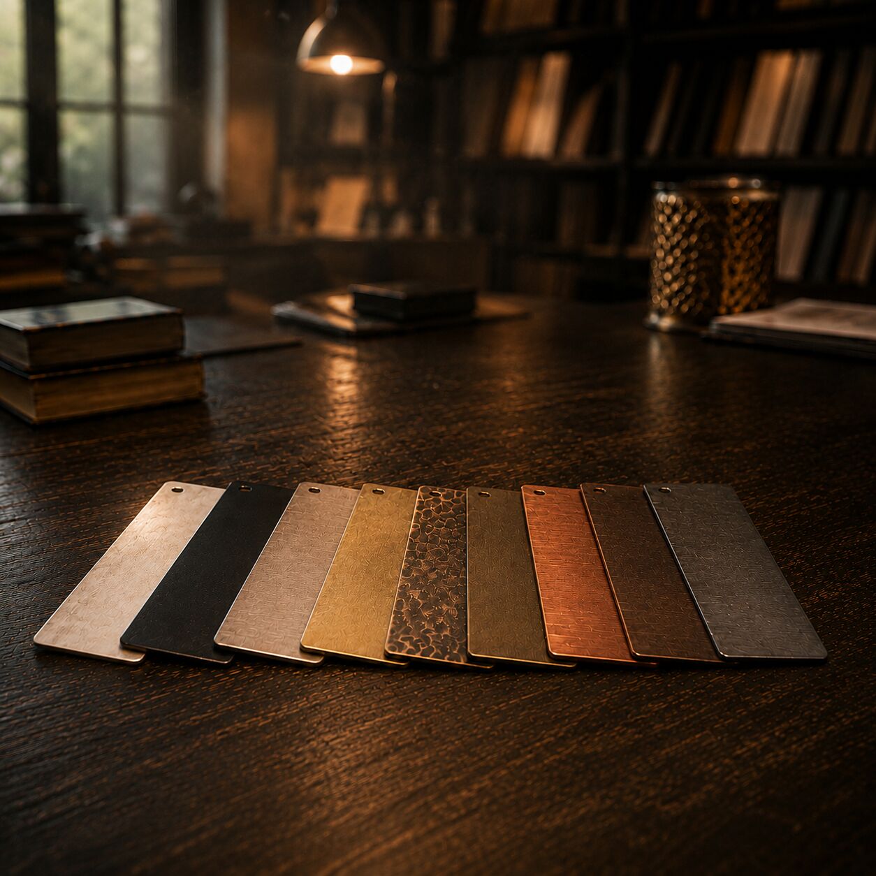 A row of metal finish swatches on a dark wood table