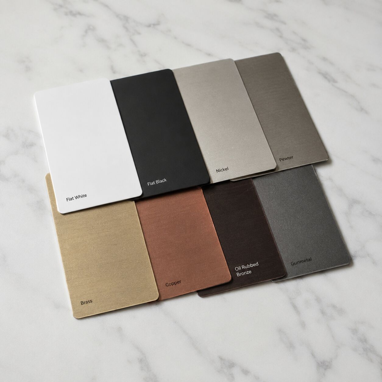 Metal finish samples: white, black, nickel, brass, copper and bronze