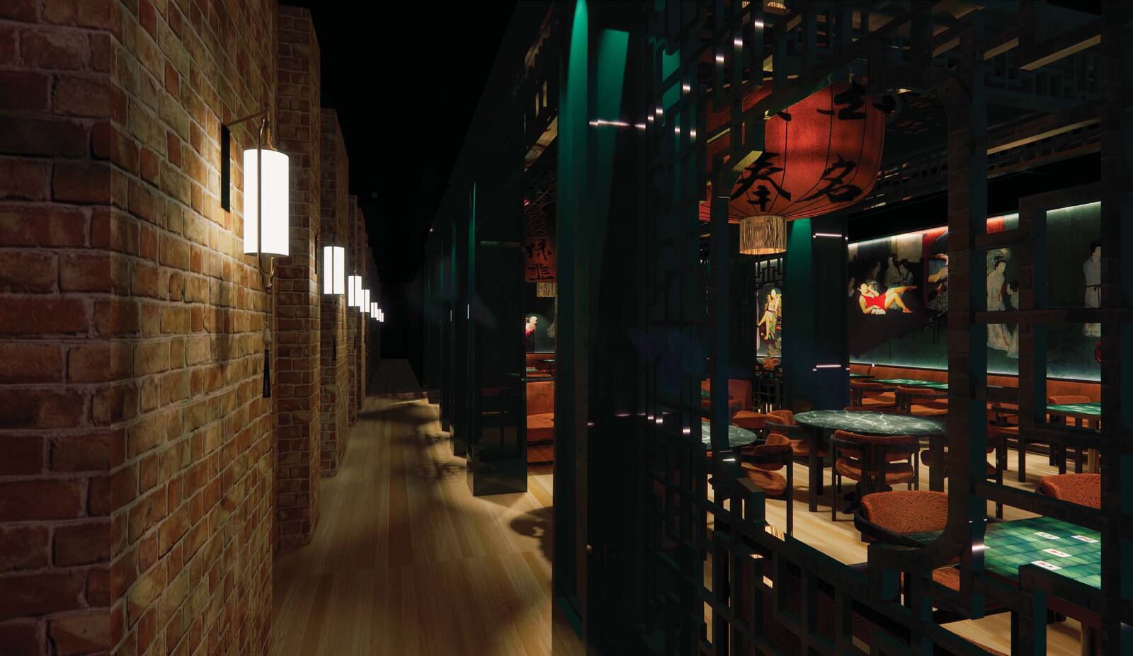 Wall lights receding along a dark brick corridor at Honey Chinese