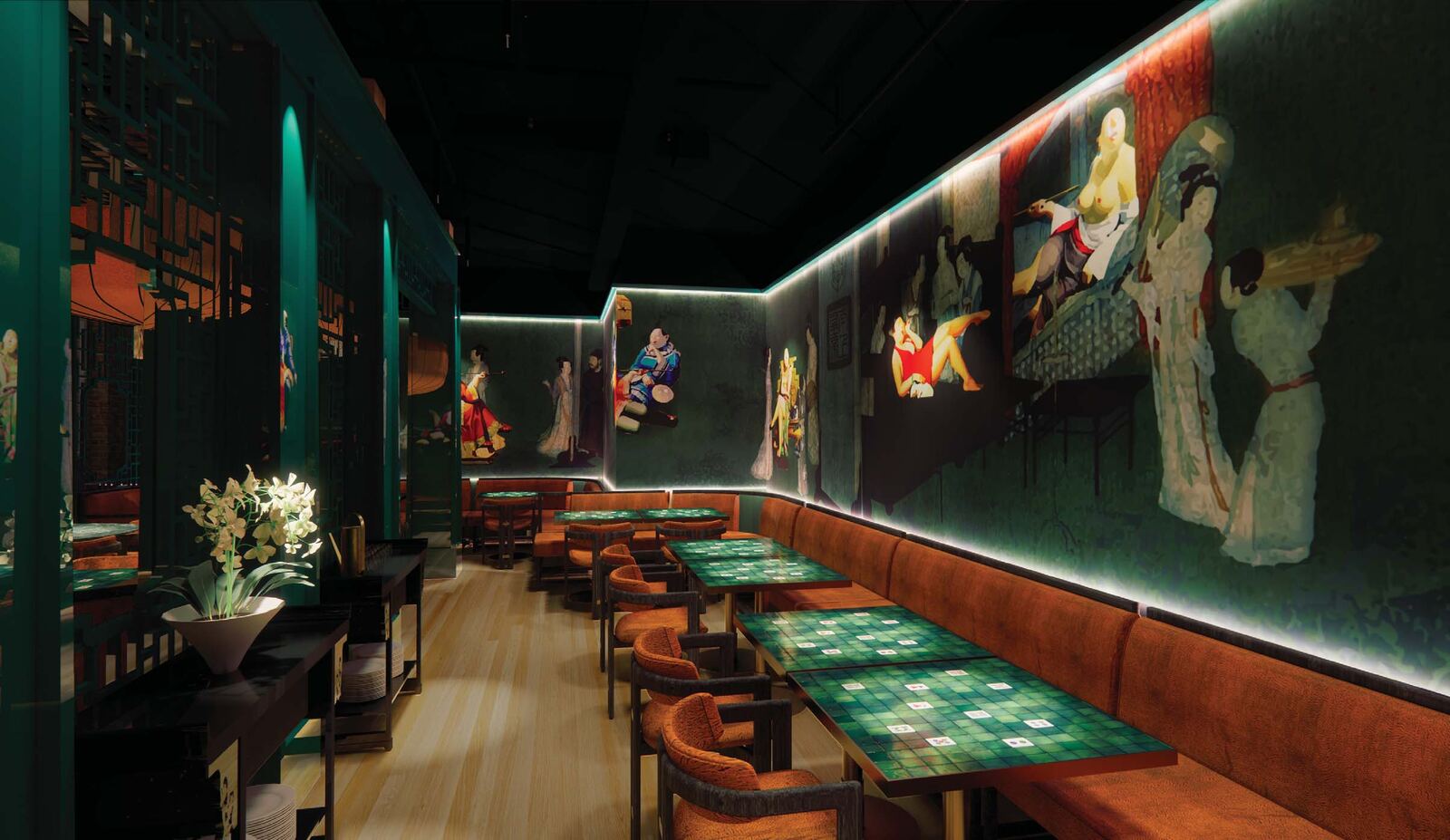 Lit murals and lanterns along the dining room at Honey Chinese