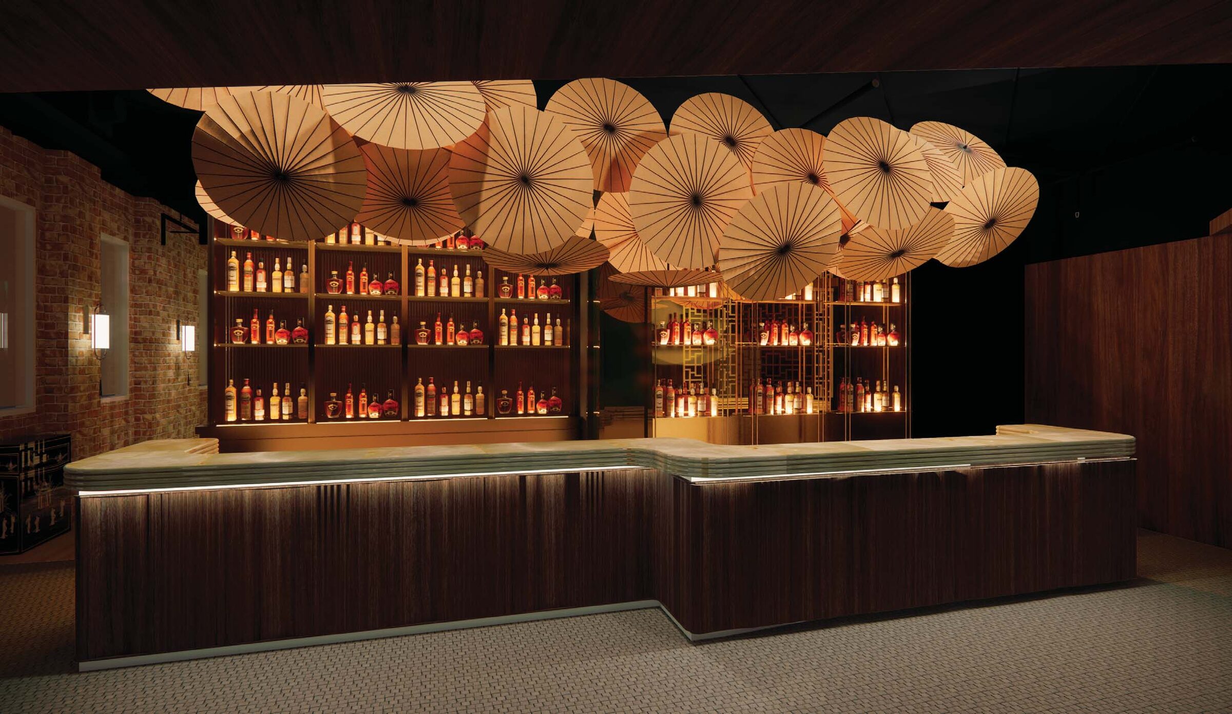 A canopy of paper parasol lights over the bar