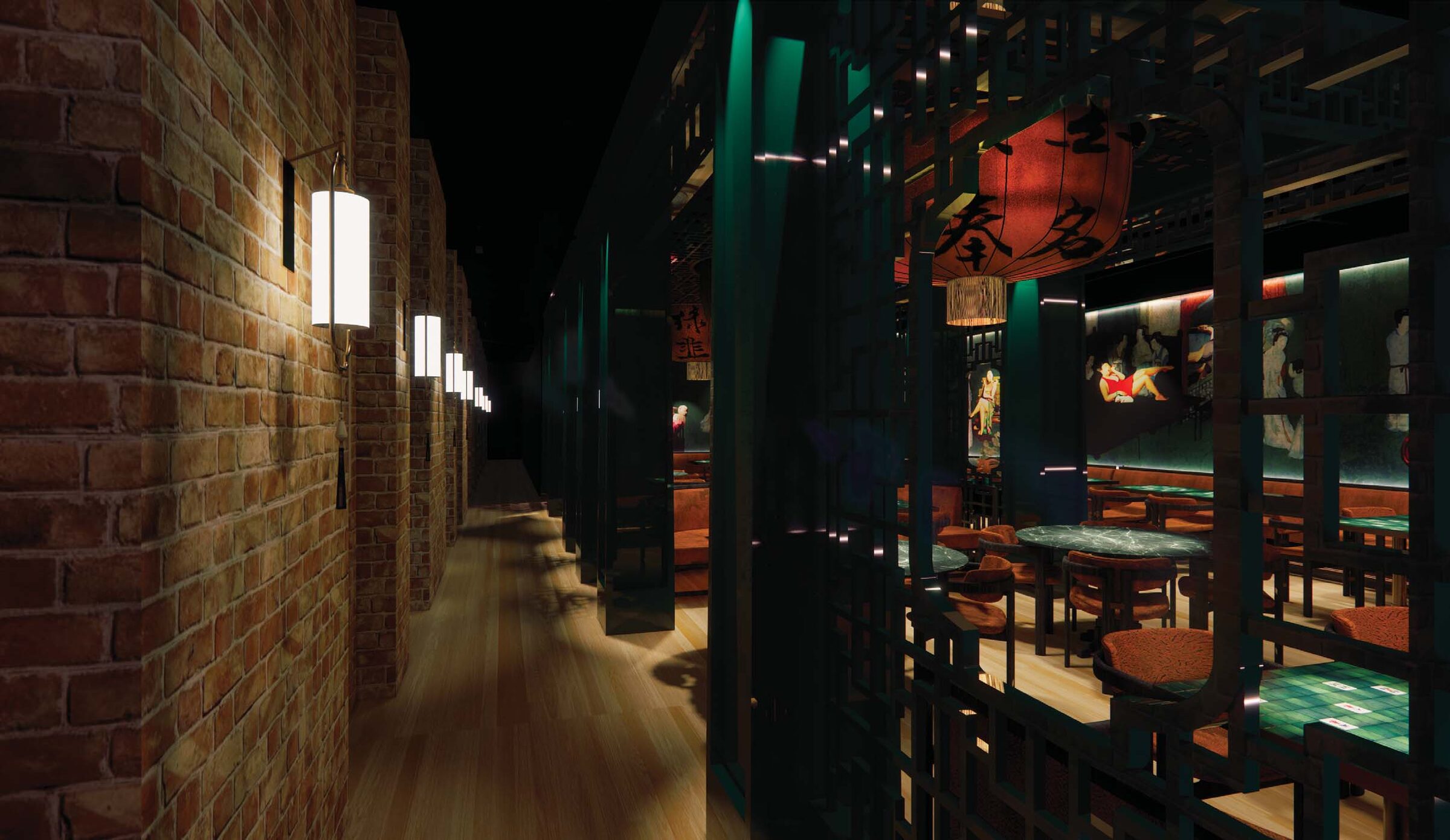 Brick corridor lit by wall sconces, looking into the dining room