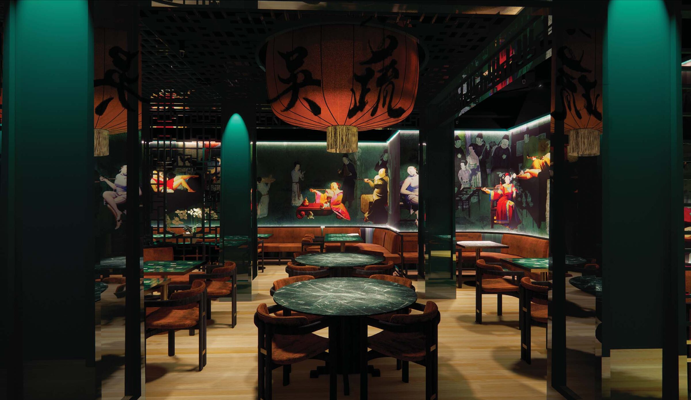 Dining room framed by teal columns and red calligraphy lanterns