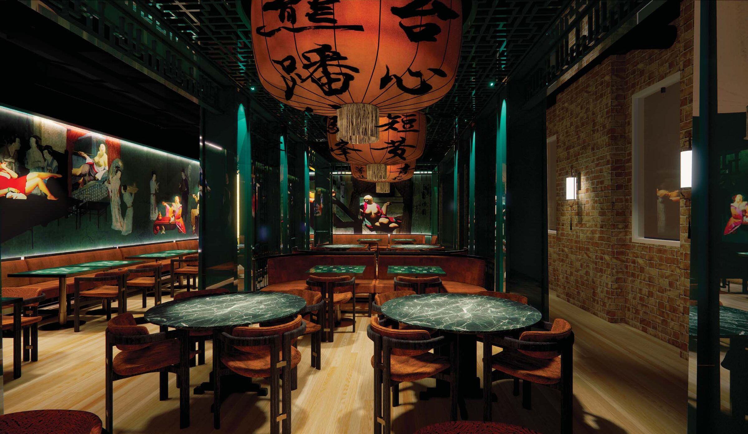 Large red calligraphy lanterns over the Honey Chinese dining room