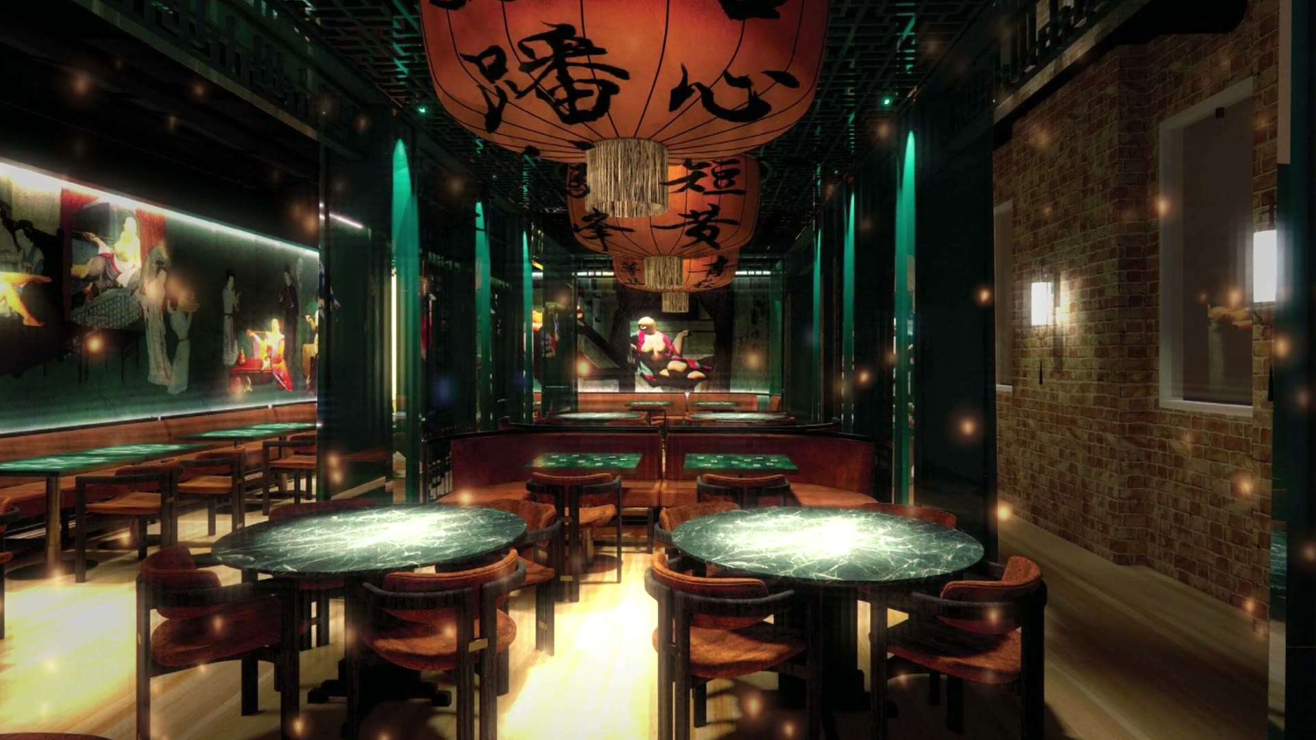 Red hand-painted lanterns glowing over the dining room at Honey Chinese