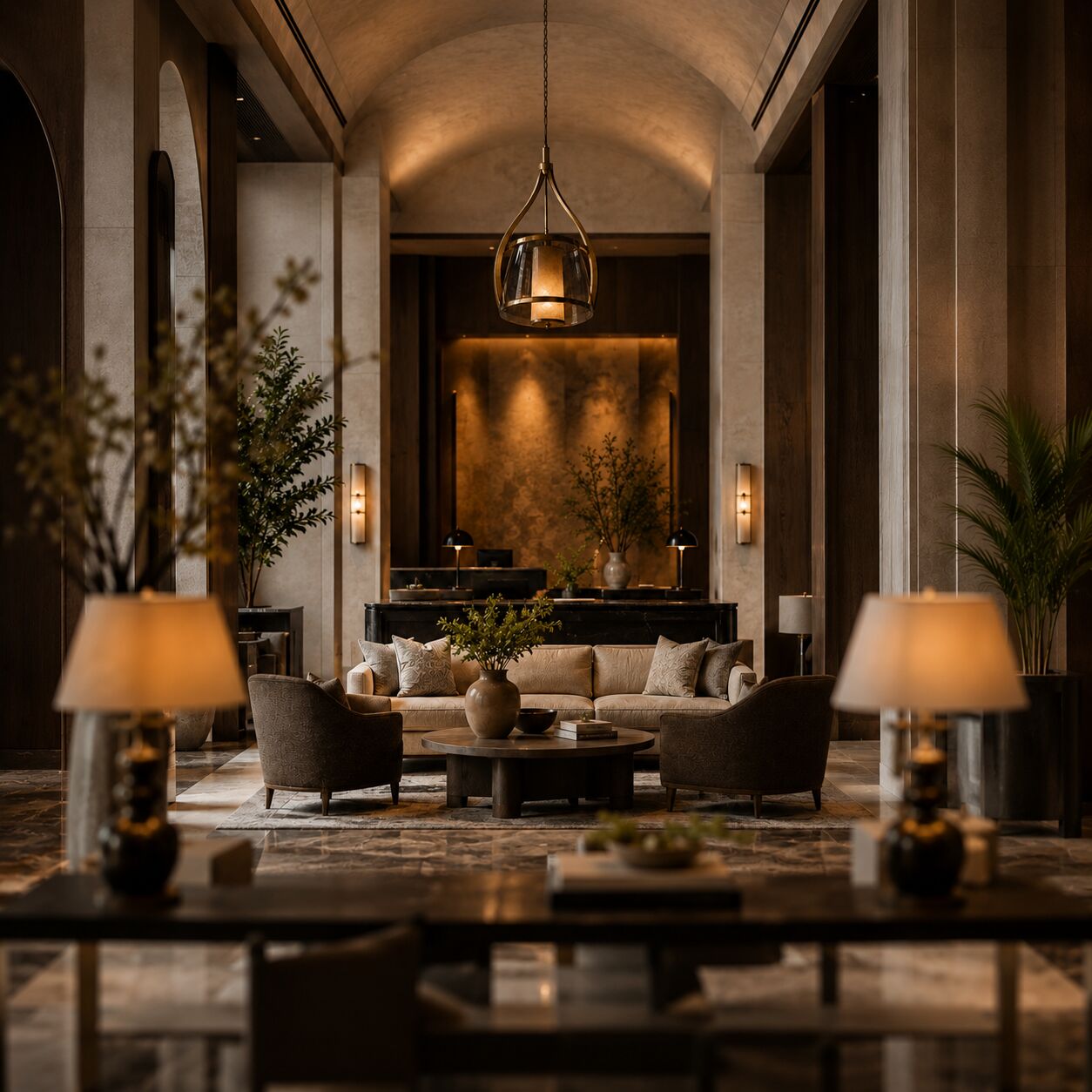 A hotel lobby lounge lit by a single pendant and table lamps
