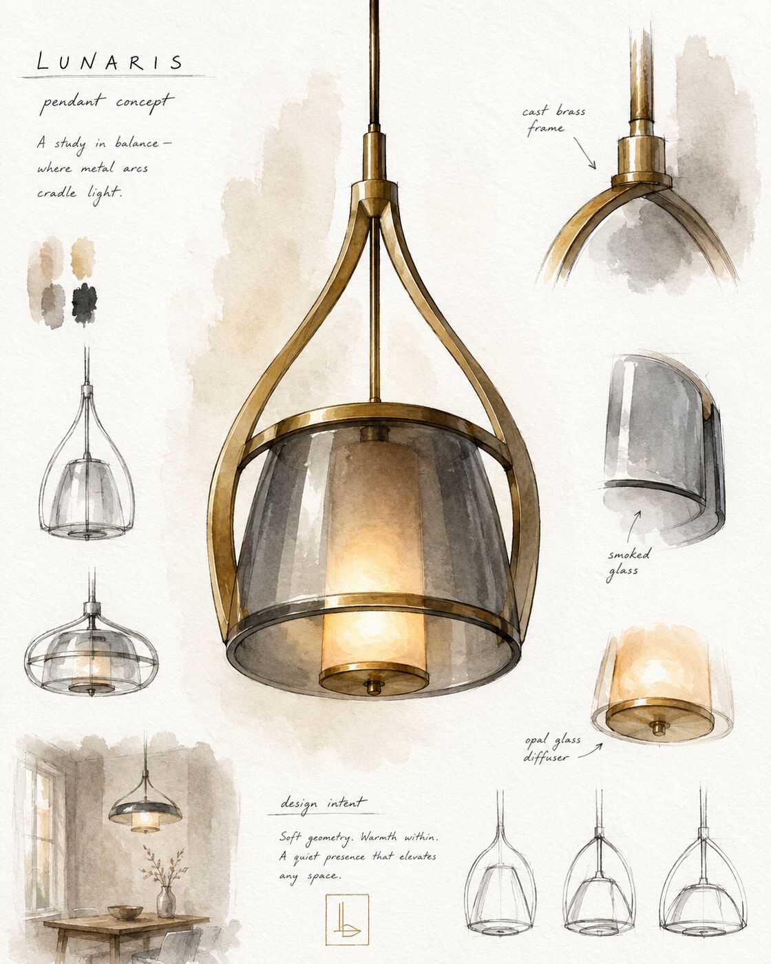 The Lunaris concept sheet: sketches, materials and design intent for a brass and smoked-glass pendant