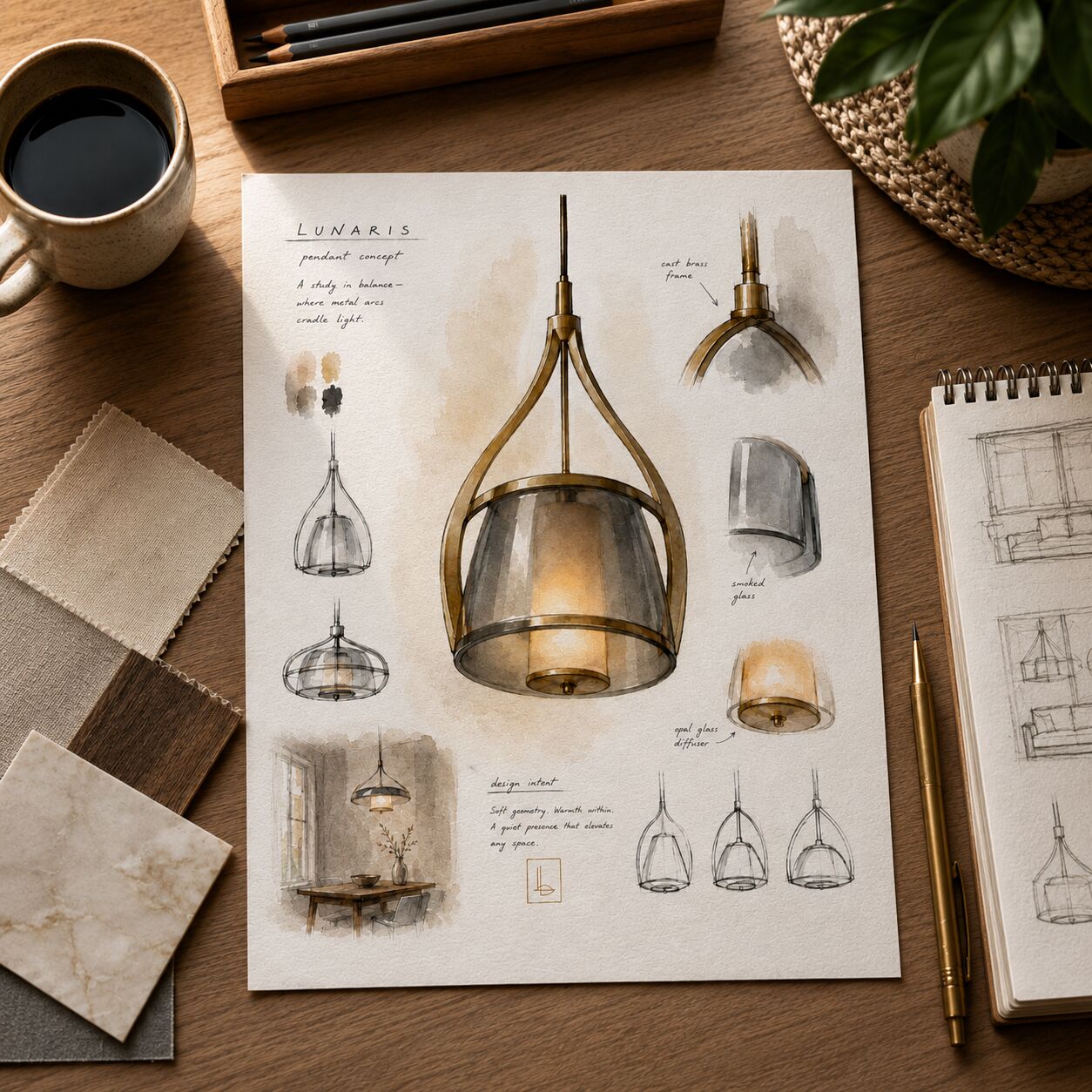 Watercolour sketch sheet of the Lunaris pendant with material samples