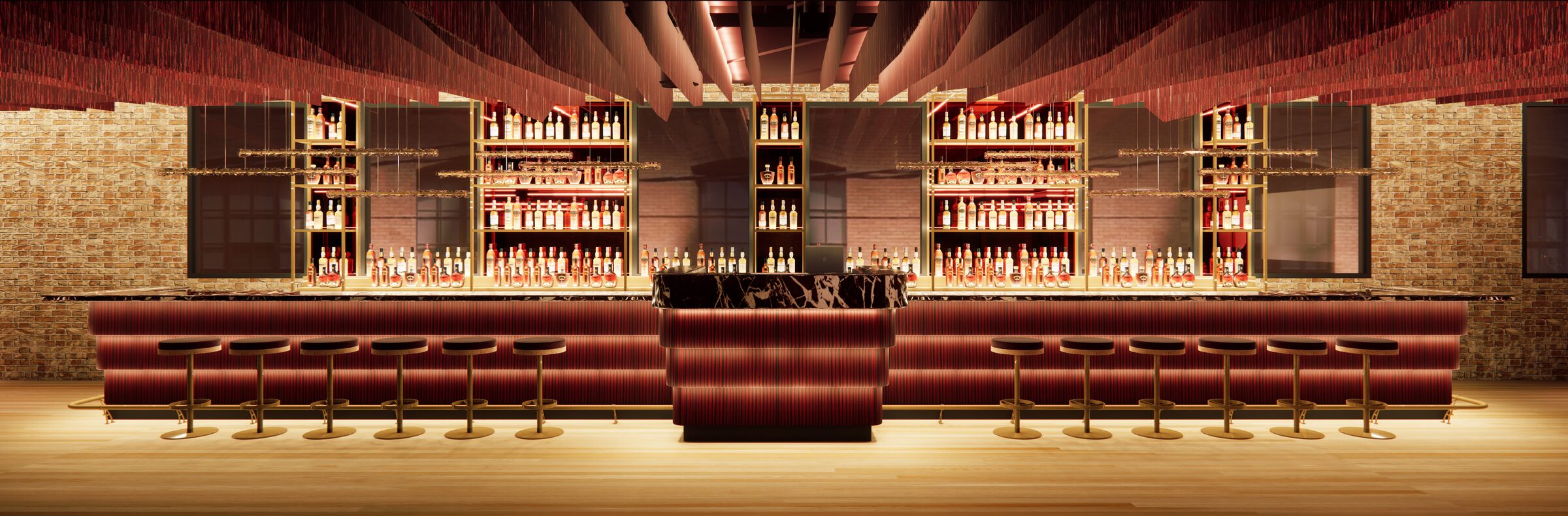 Bar elevation with fringe ceiling and lit back-bar shelving