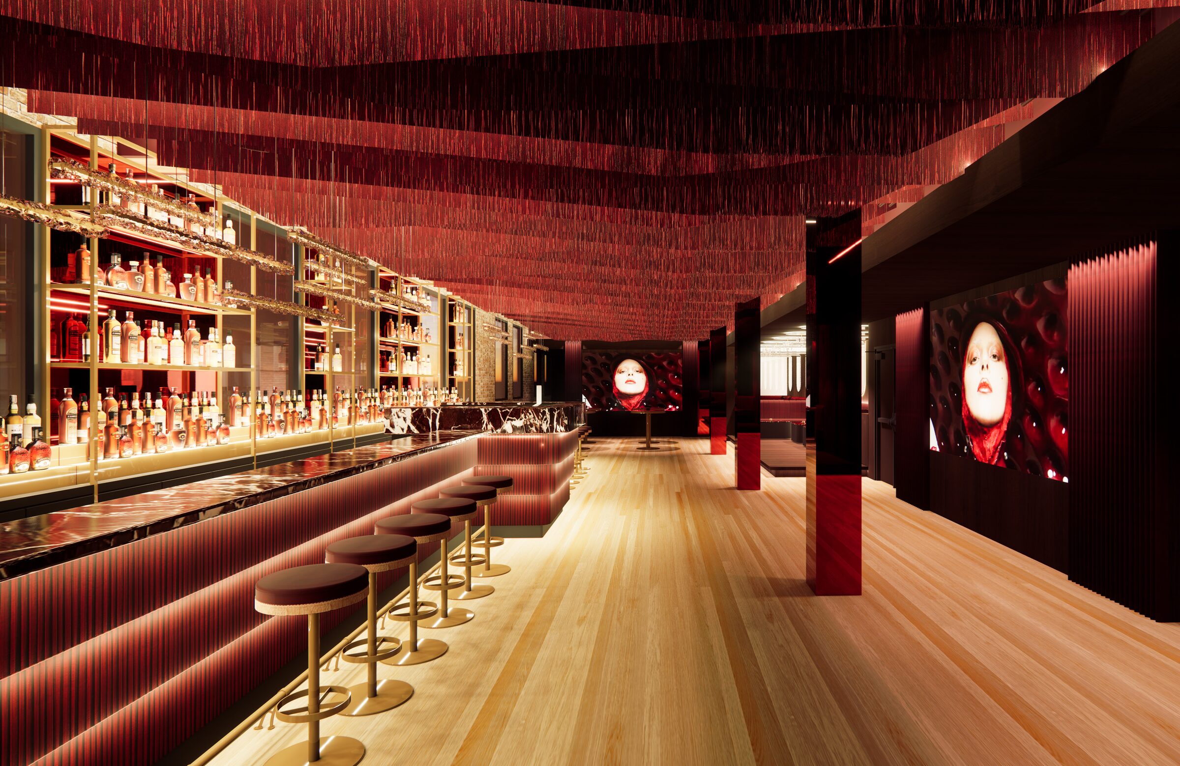 The long red bar of Mr. Vander under a burgundy fringe ceiling