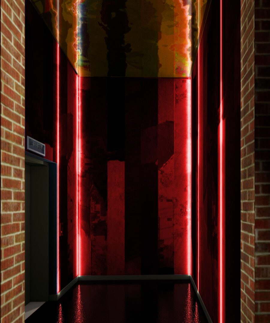 The entry corridor lit by vertical red LED lines