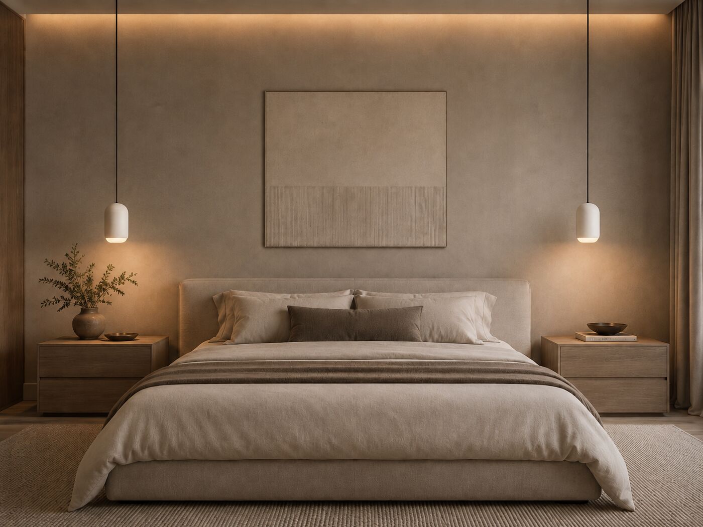 A pair of Ova pendants as bedside lights in a calm bedroom
