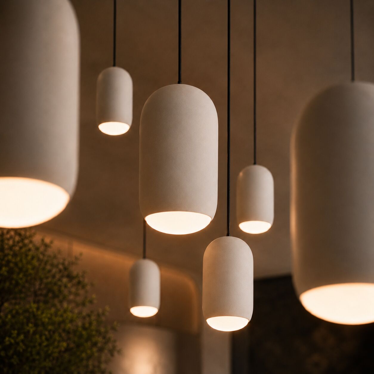 Close-up of Ova pendants in a staggered cluster