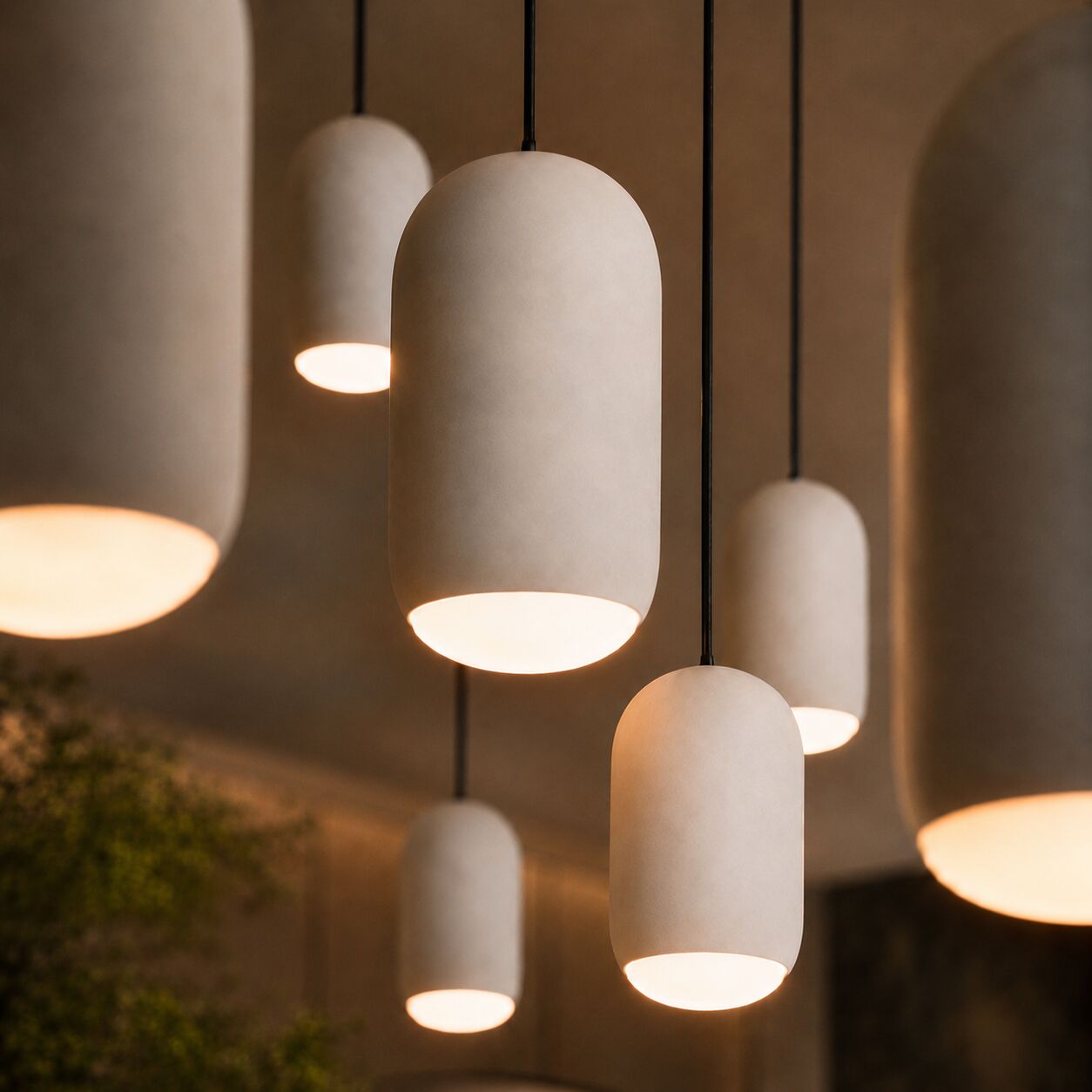 Ova plaster capsule pendants glowing at different heights