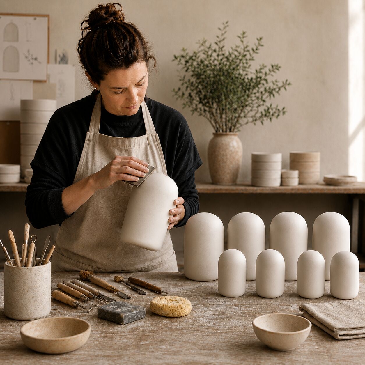 An artisan hand-finishing Ova shades at a workbench
