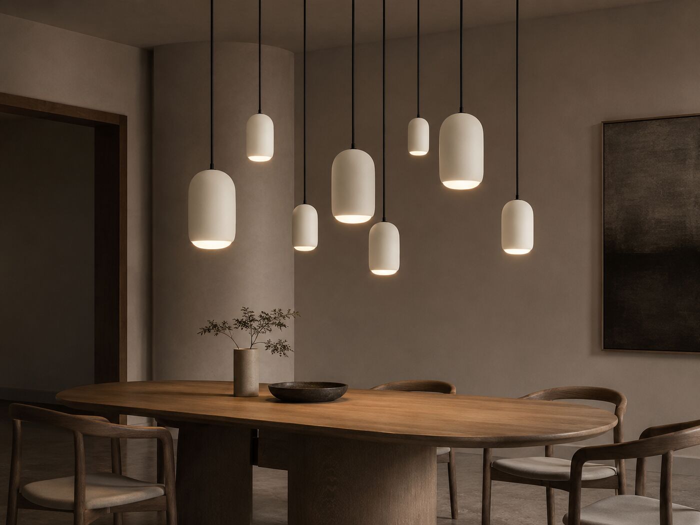 Ova Nido: a cluster of capsule pendants at staggered heights over a dining table