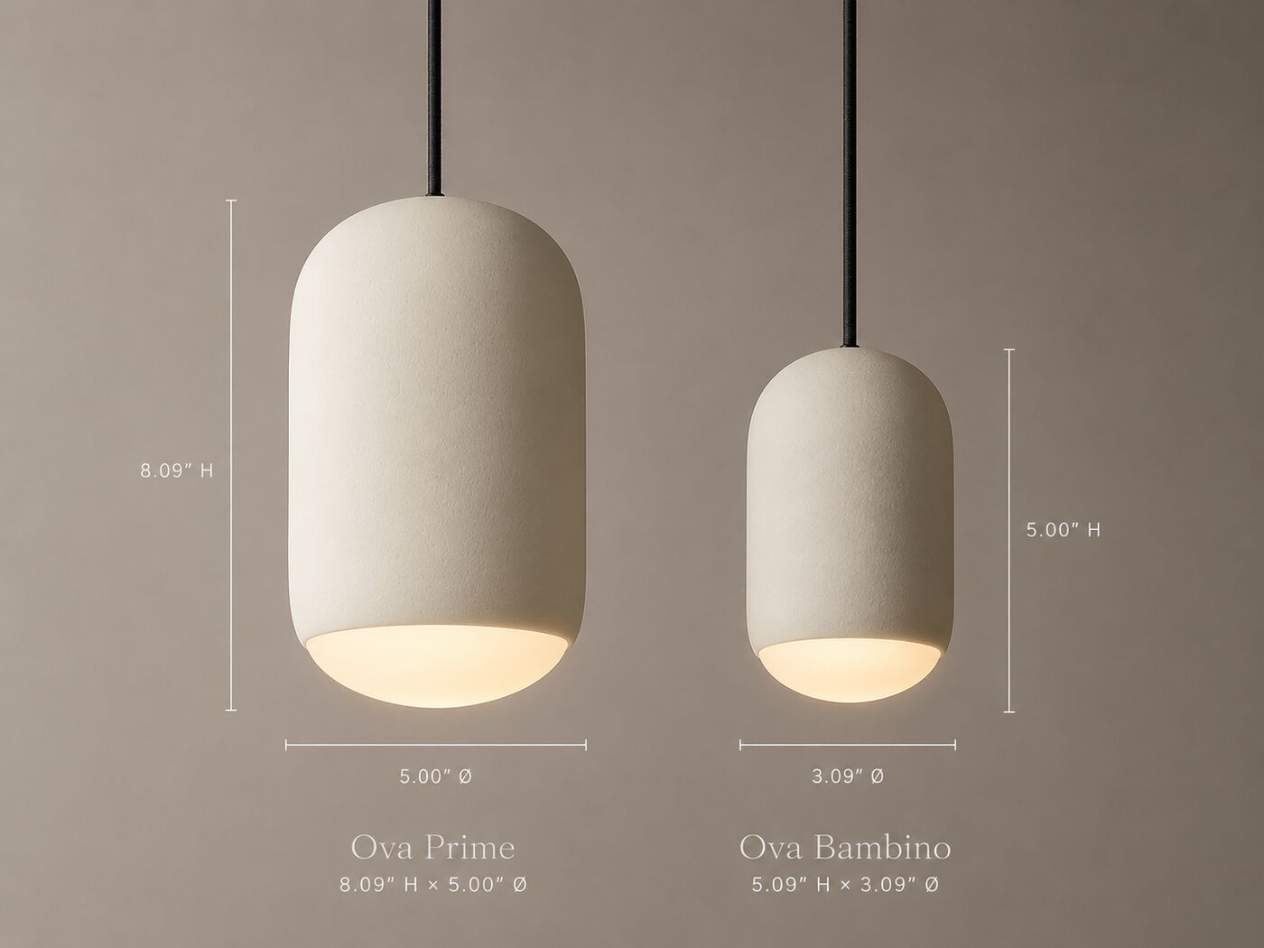 Ova Prime and Ova Bambino pendants side by side with dimensions
