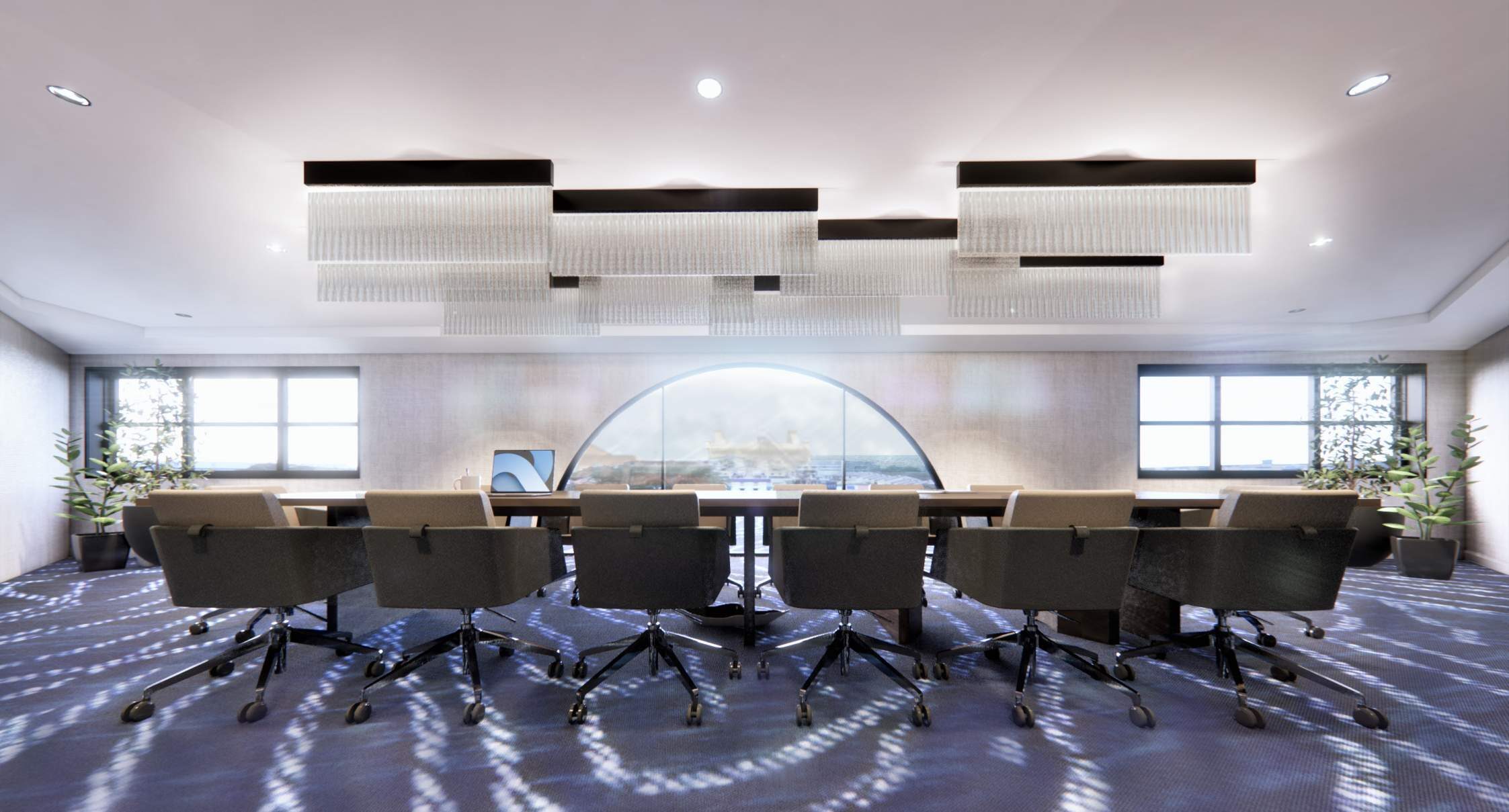 The boardroom at Riott, under suspended linear fixtures