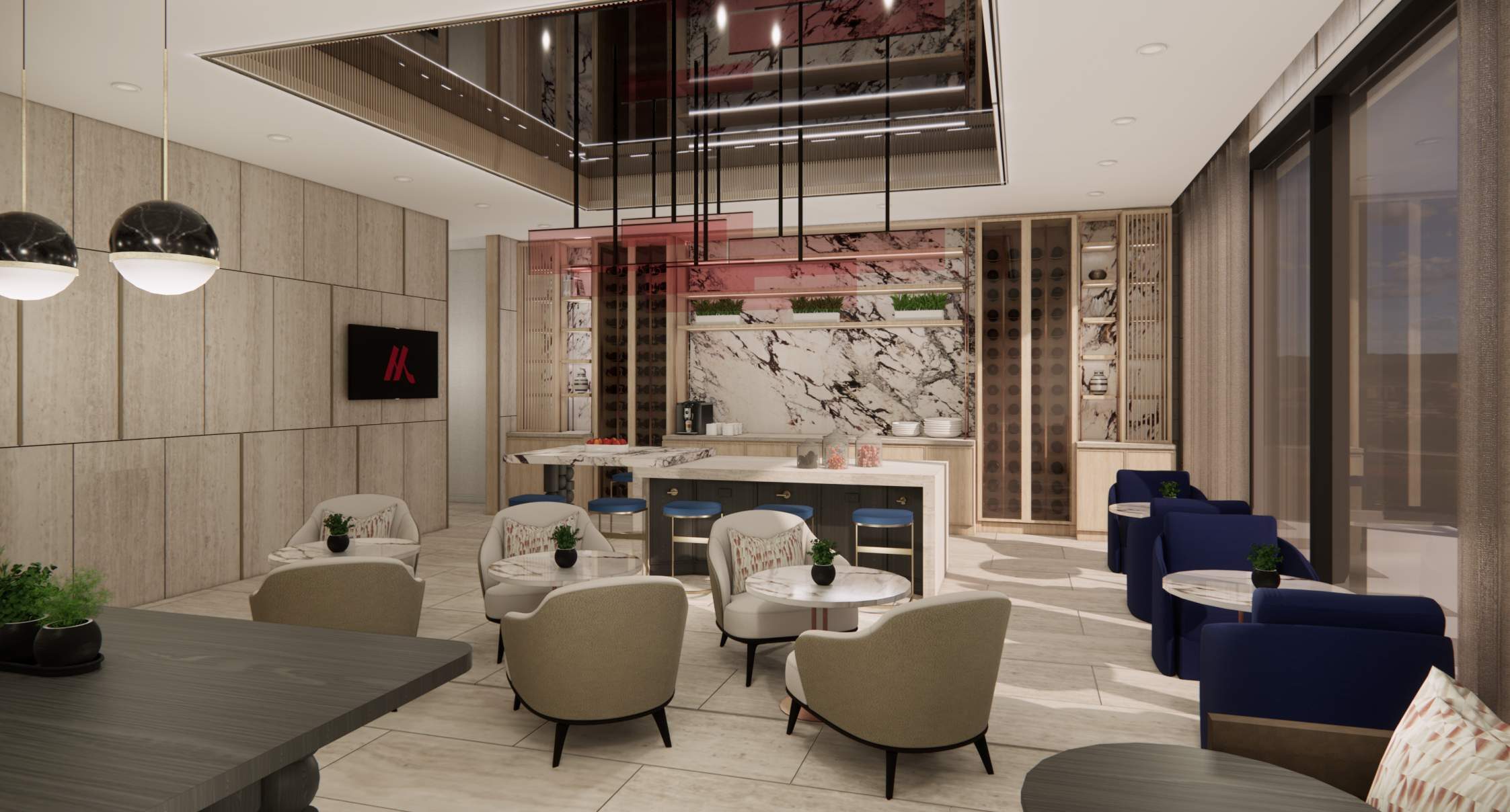 The buffet lounge at Riott, under globe pendants and a lit ceiling feature