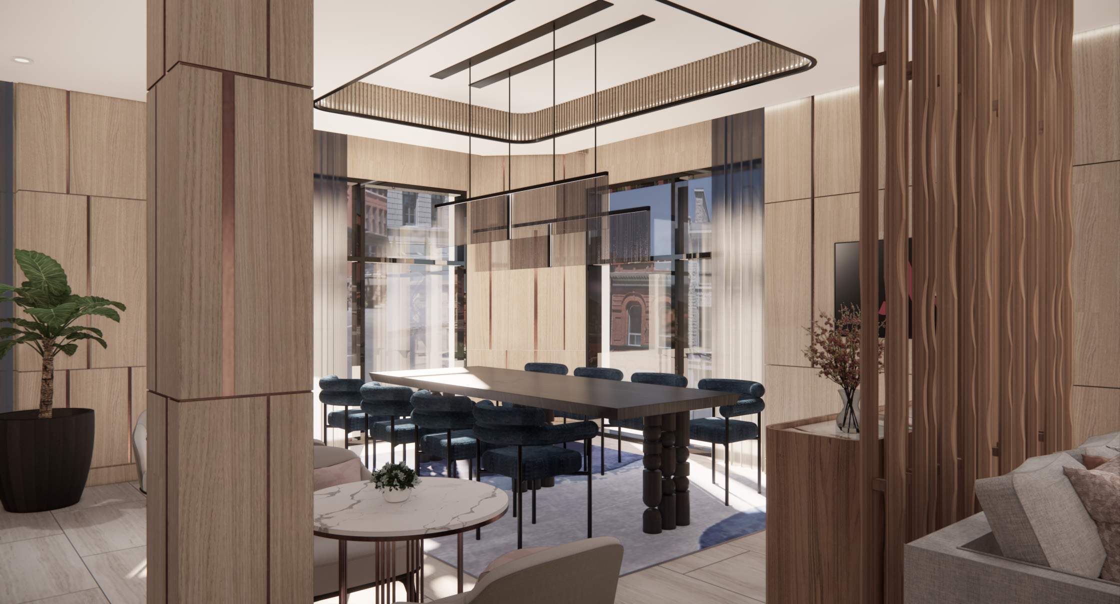 Great-room dining with a suspended linear fixture