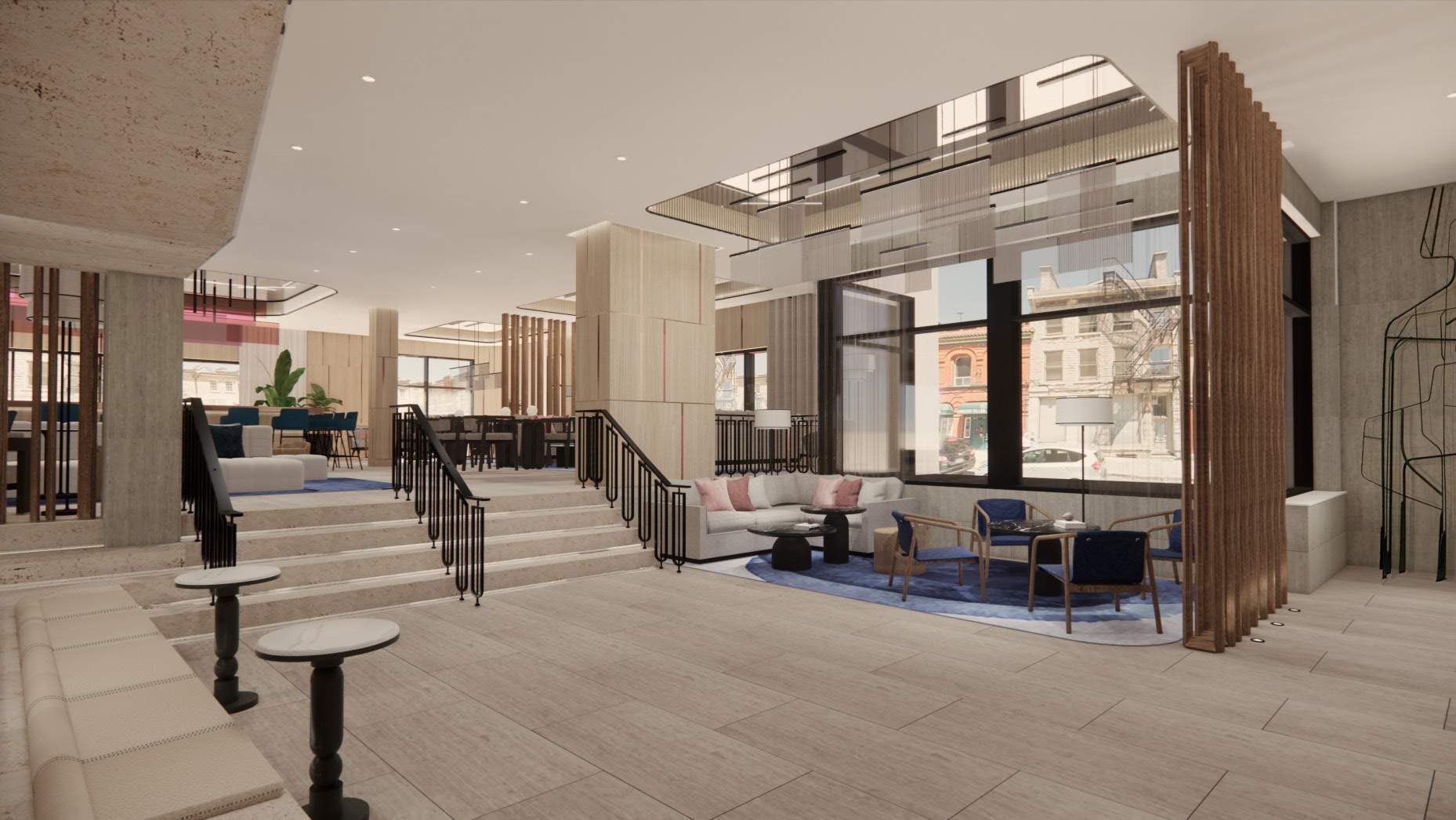 The Riott lobby as installed, from the stair