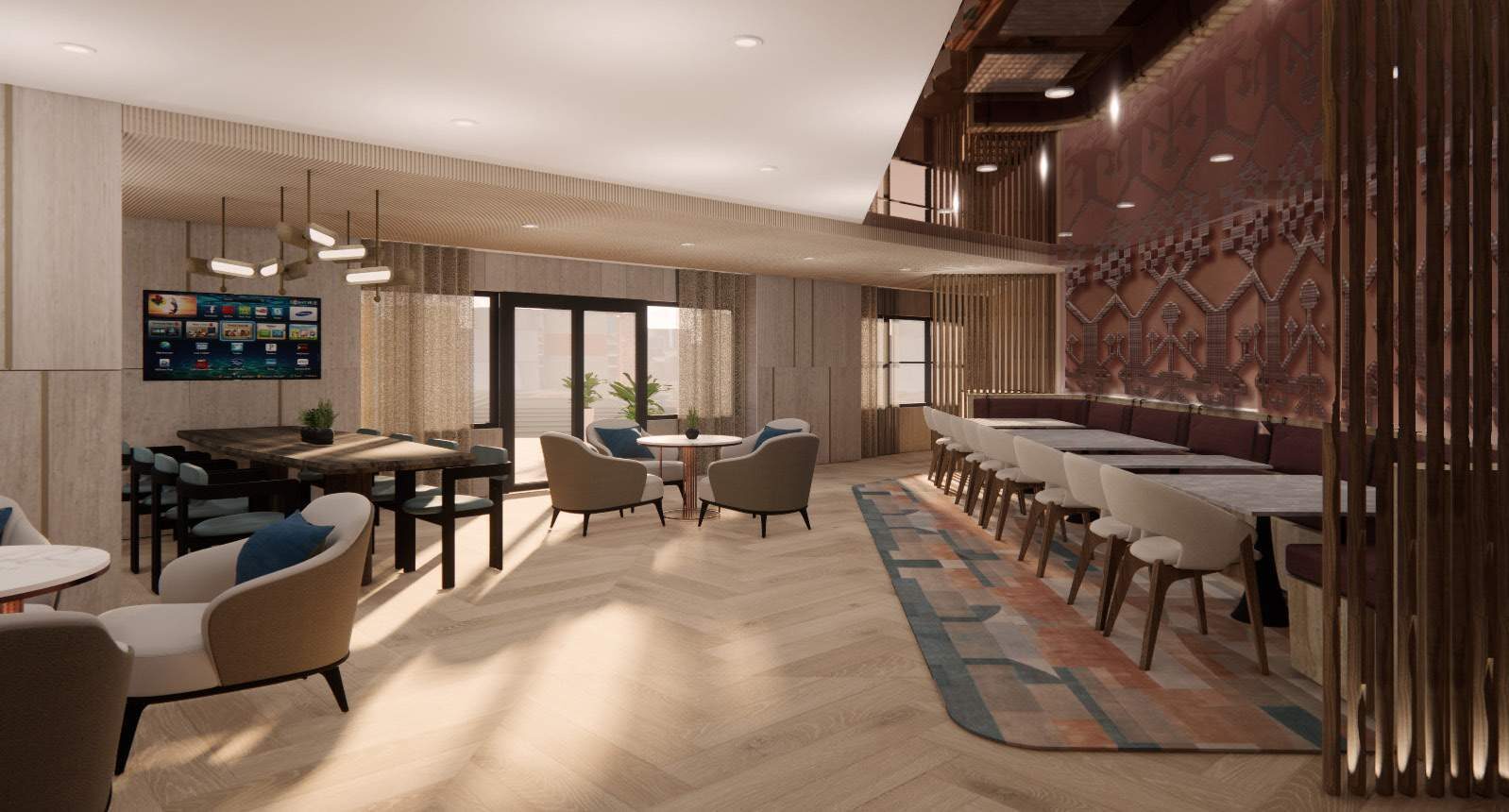 The M-Club dining room at Riott, under warm pendant light