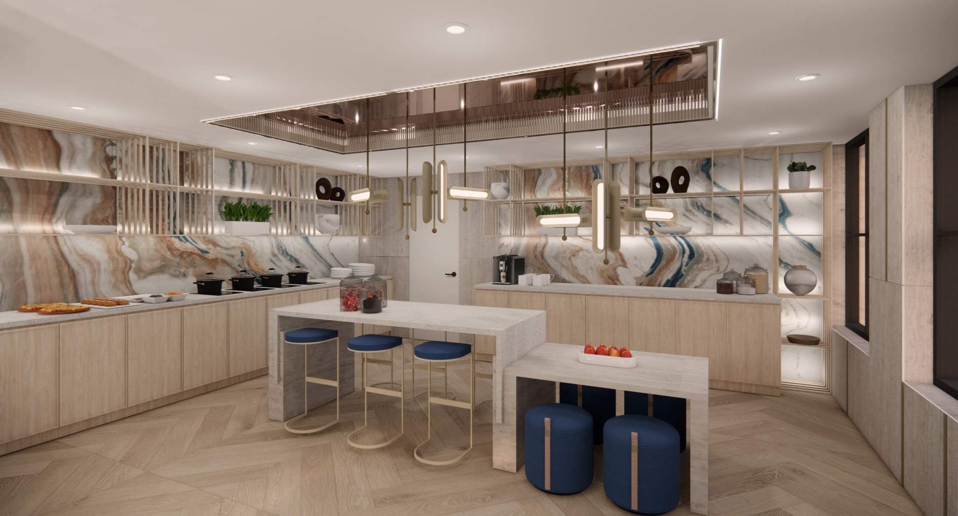 M-Club buffet with pendants over a white counter