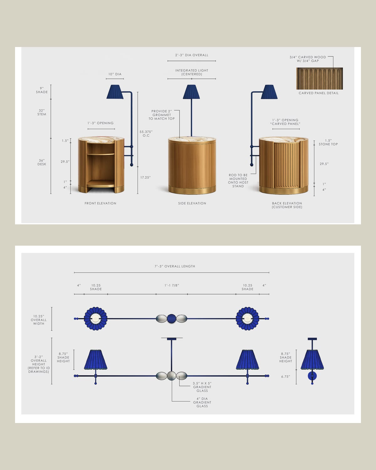 Two submittal sheets from Byblos Downtown: a host stand and a linear pendant, each with elevations and dimensions
