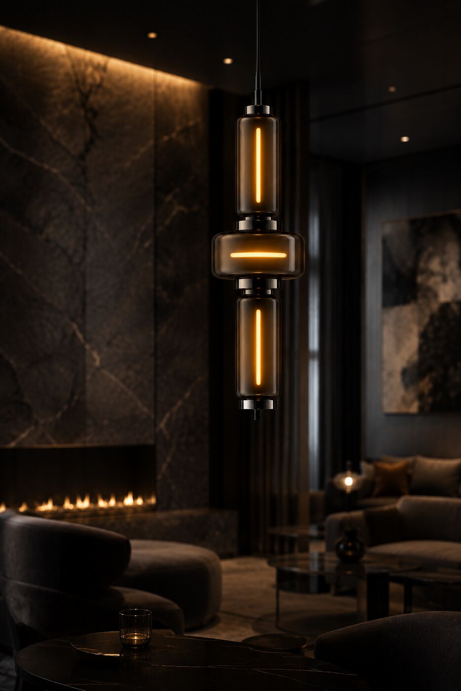 Two stacked Vant pendants in a dark marble lounge