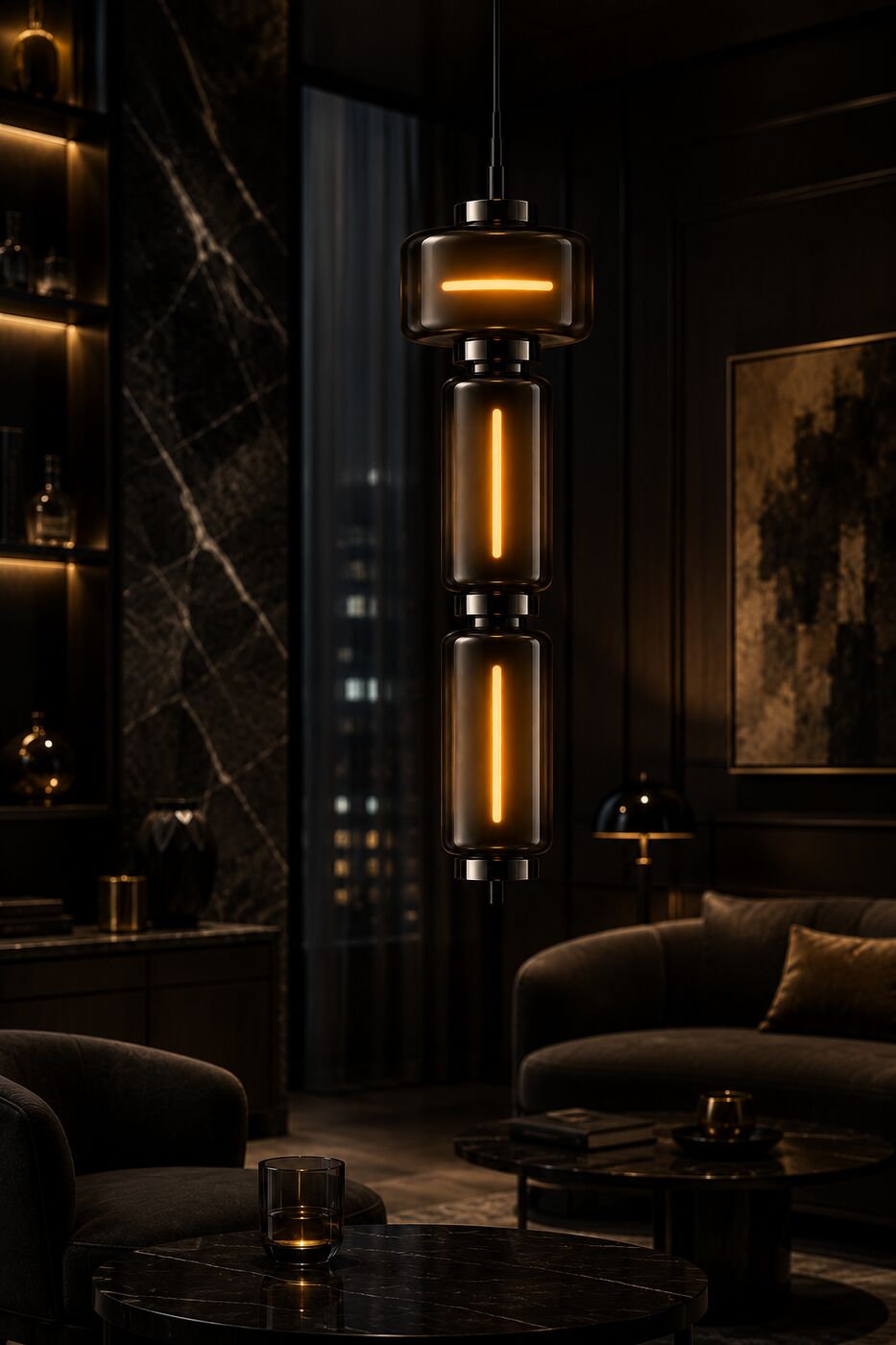 A tall Vant stack glowing above a lounge chair