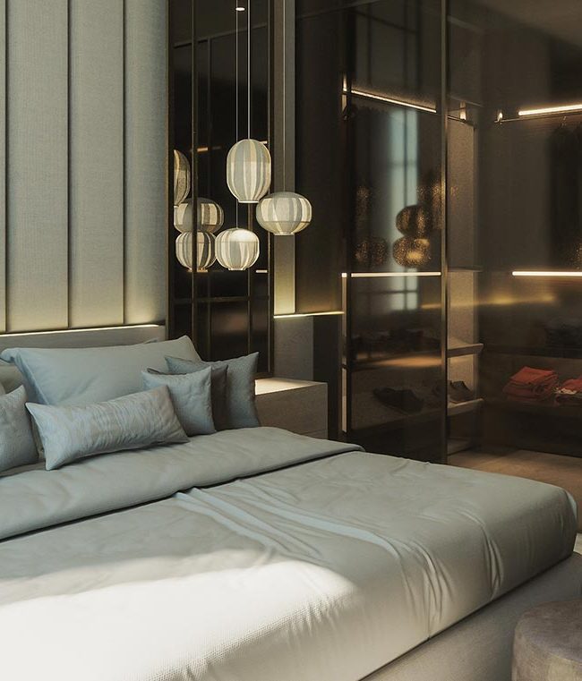 A bedroom with a large bed and glass walls